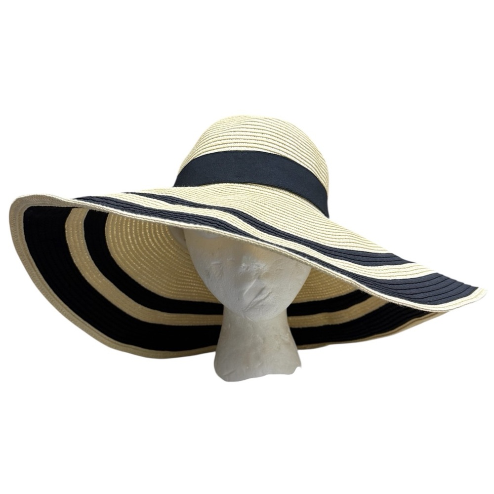 Ralph Lauren Black and Cream Striped Straw Sun Hat